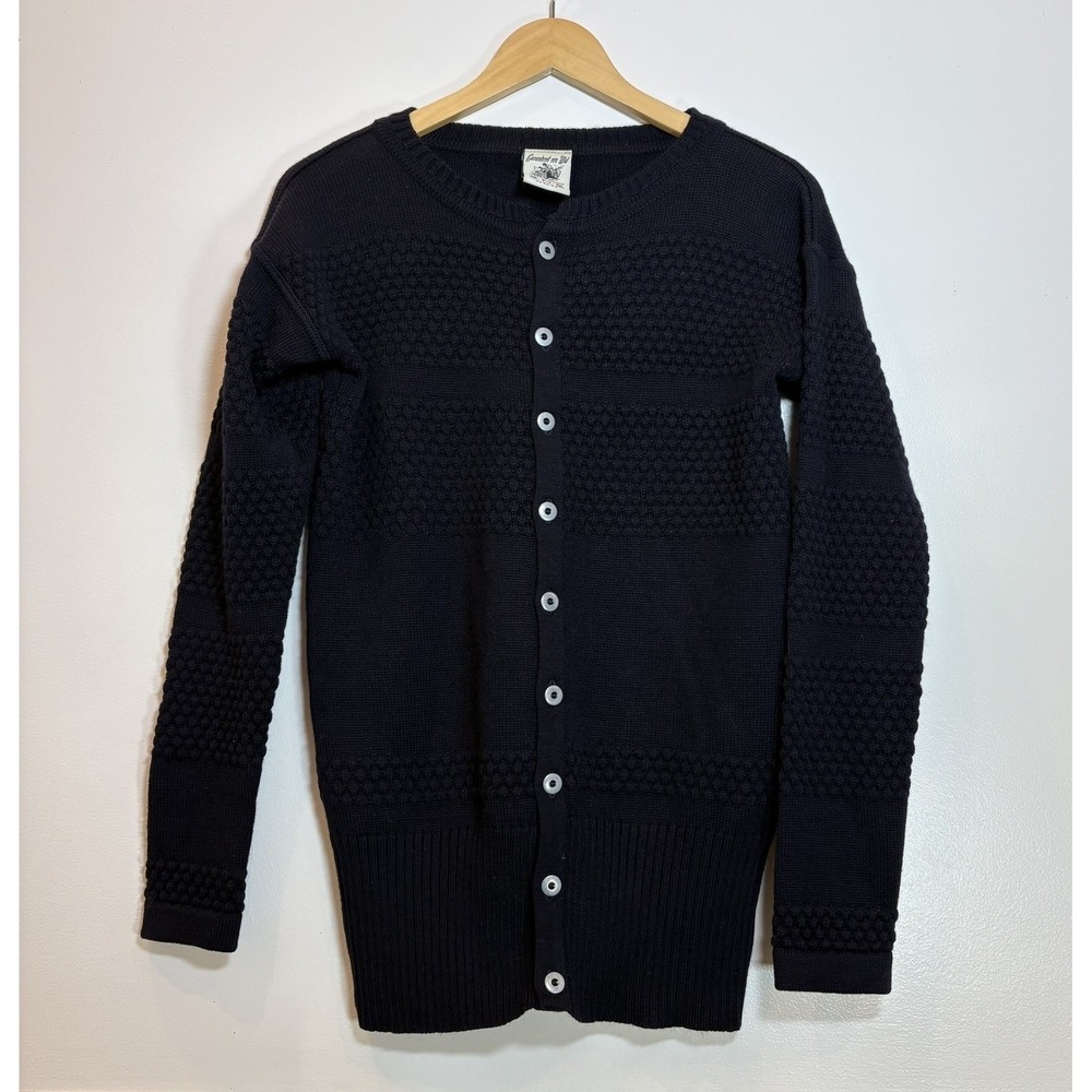 SNS Herning Fisherman Cardigan Navy Pure New Wool Bubble Knit Sweater Men Small